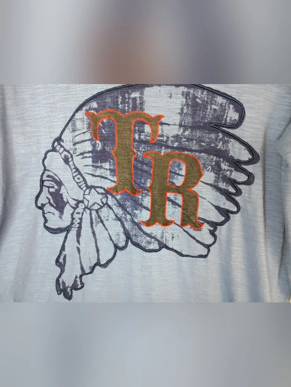 True Religion Men's T-shirt Long Sleeves Blue Sz M V-Neck Indian Chief MSRP $149